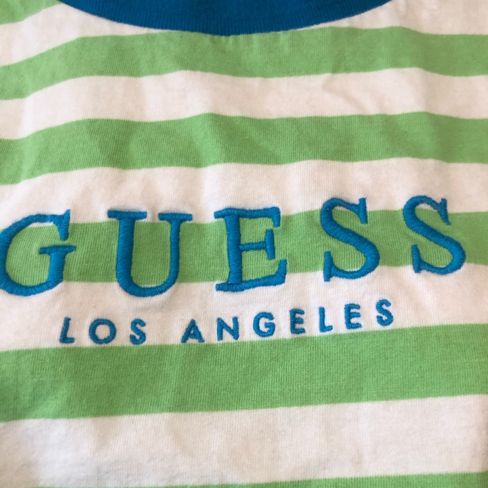 Vintage 90s Style Guess Green Striped T-shirt - Picture 5 of 8